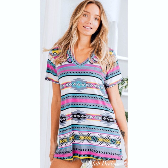 LAST 2! V Neck Aztec Print Blue Multi Top! - Picture 8 of 15